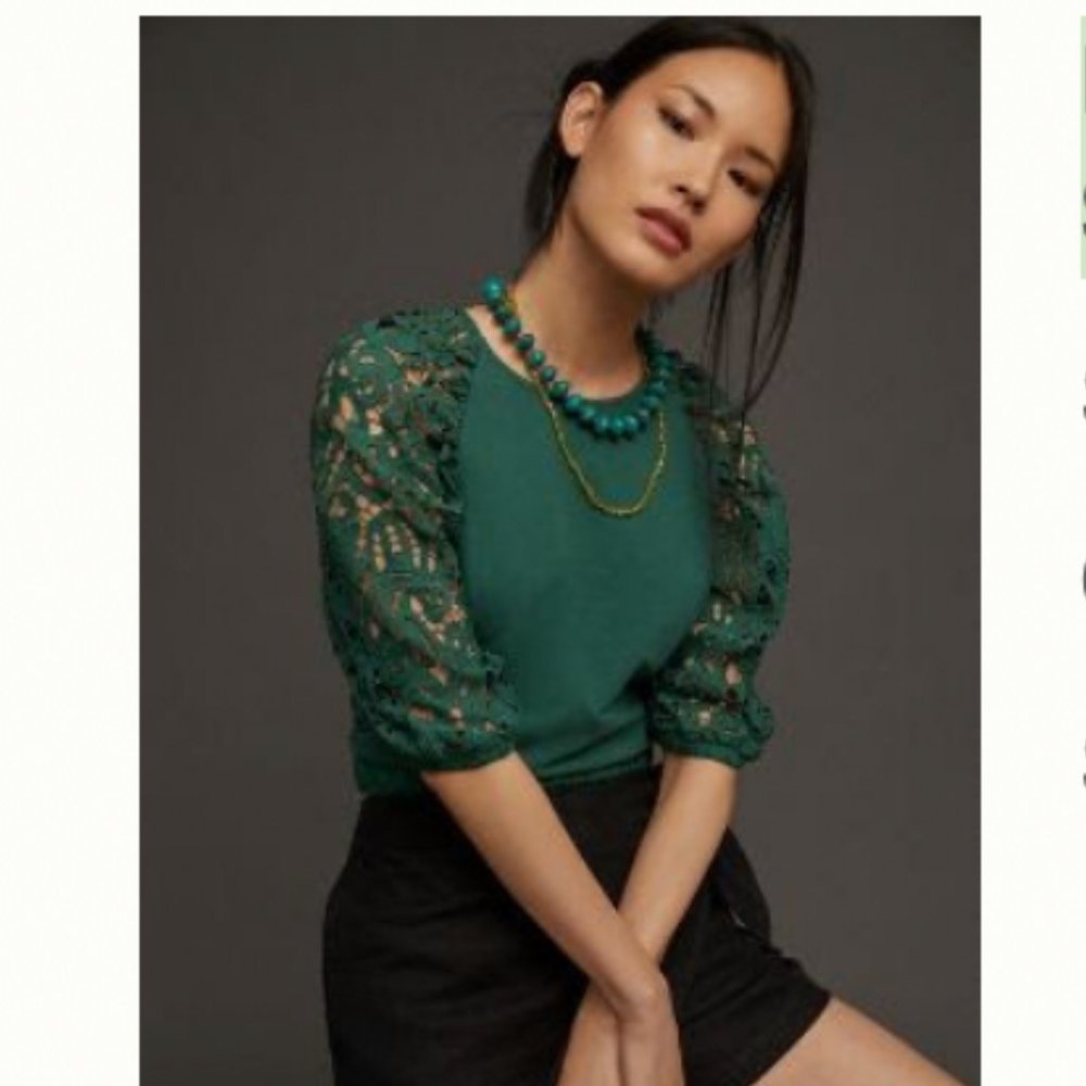 Anthropologie Green Lace Sleeve Sweatshirt